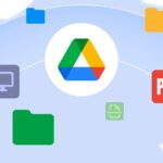 Logotipo do Google Drive com barra de pesquisa e ícones para modo off-line, histórico de versões, painel de atividades e scanner