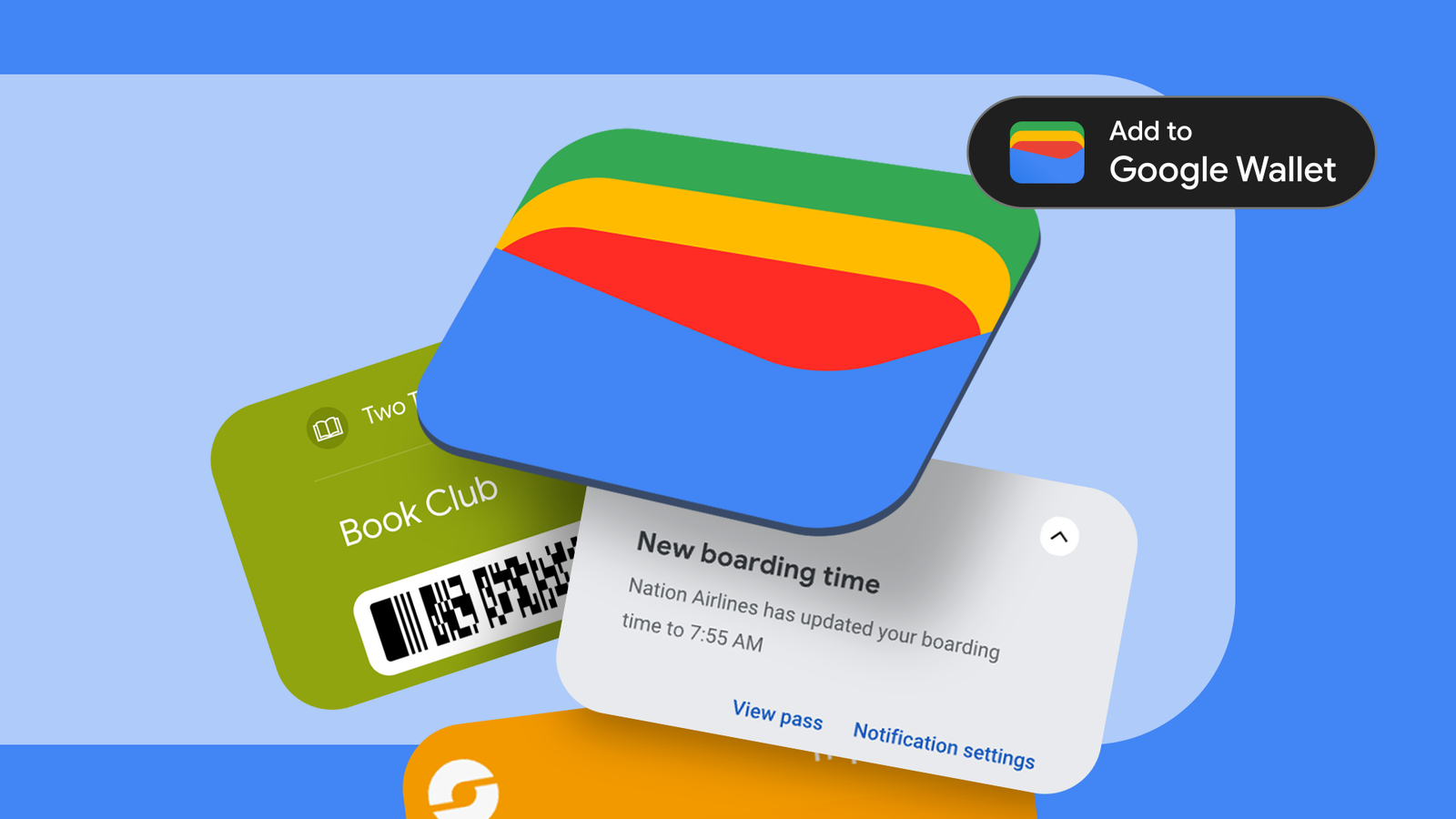 Ilustração de um telefone com a Google Wallet aberta, cercado por ingressos e documentos que podem ser adicionados à Google Wallet