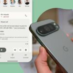 Uma mão segurando o Google Pixel 9 Pro e o Google Pixel 9 XL, comparando os tamanhos dos dois telefones