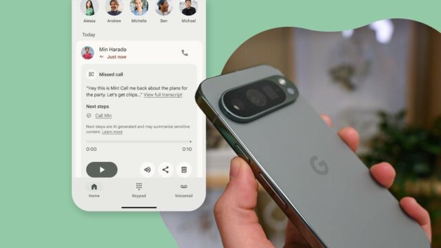 Uma mão segurando o Google Pixel 9 Pro e o Google Pixel 9 XL, comparando os tamanhos dos dois telefones