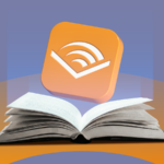 Uma mulher usando fones de ouvido enquanto lê um livro, dentro do logotipo da Audible em um fundo laranja.