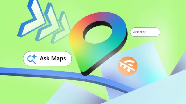 Uma pessoa segurando um smartphone com o logotipo do Google Maps ampliado na tela, contra um fundo de mapa estilizado com uma linha de rota de navegação azul atravessando-o.