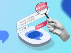 Eu uso o Mensagens do Google todos os dias, mas esses recursos ausentes ainda me frustram Smartphone estilizado com balões flutuantes de bate-papo do Mensagens do Google, um ícone de videochamada e uma onda de áudio, contra um fundo gradiente com o texto RCS