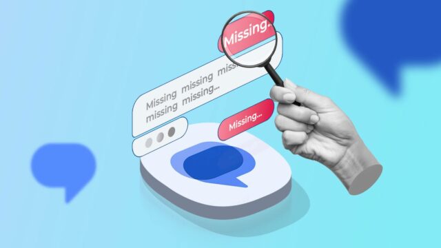 Eu uso o Mensagens do Google todos os dias, mas Smartphone estilizado com balões flutuantes de bate-papo do Mensagens do Google, um ícone de videochamada e uma onda de áudio, contra um fundo gradiente com o texto RCS