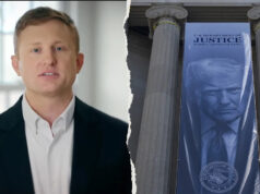 Ex-promotor que acusou Trump de transformar o DOJ em arma vence as primárias do Dem Zach Dembo, à esquerda, ao lado de uma imagem do presidente Donald Trump pendurada em frente ao prédio do Departamento de Justiça em Washington, DC