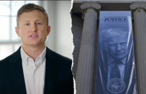 Ex-promotor que acusou Trump de transformar o DOJ em arma vence as primárias do Dem Zach Dembo, à esquerda, ao lado de uma imagem do presidente Donald Trump pendurada em frente ao prédio do Departamento de Justiça em Washington, DC
