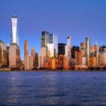 An upward view of skyscrapers in Manhattan's financial district in New York City.