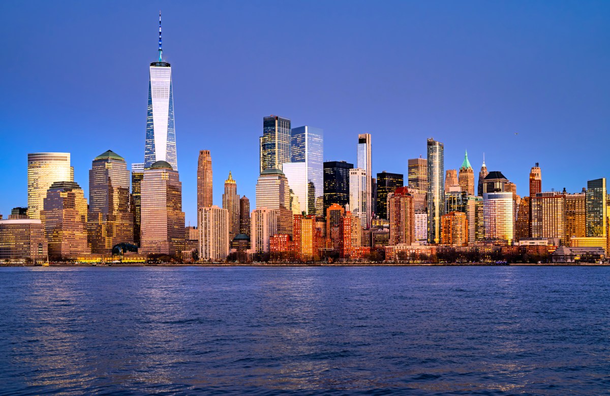 An upward view of skyscrapers in Manhattan's financial district in New York City.