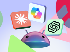 Experimentei Claude, ChatGPT e Copilot por um mês para encontrar uma alternativa real do Gemini no Android Ilustração mostrando duas mãos robóticas segurando o logotipo ChatGPT em direção a um ícone central brilhante do Google Gemini.
