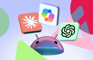 Experimentei Claude, ChatGPT e Copilot por um mês para encontrar uma alternativa real do Gemini no Android Ilustração mostrando duas mãos robóticas segurando o logotipo ChatGPT em direção a um ícone central brilhante do Google Gemini.