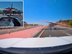 Família de 4 pessoas em caminhão evita por pouco ser atropelada por avião pousando na rodovia do Arizona: vídeo Um pequeno avião pousa em uma estrada deserta, visto do painel de um carro.