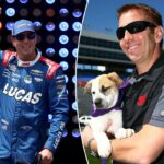 Greg Biffle segurando Kevin, um cachorro da SPCA do Texas.