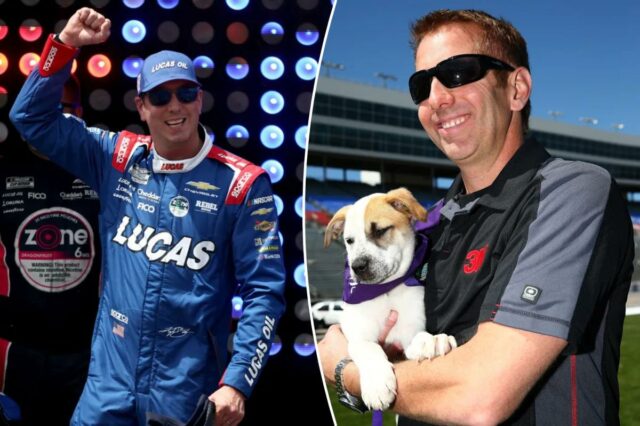 Greg Biffle segurando Kevin, um cachorro da SPCA do Texas.