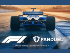 FanDuel se junta à Fórmula 1 à medida que a parceria de apostas se expande pela América Imagem promocional da parceria Fórmula 1 e FanDuel apresentando um carro de corrida de F1 na pista destacando o acordo oficial da operadora de apostas esportivas nos Estados Unidos e Canadá.