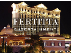 Fertitta Entertainment fecha acordo multibilionário para adquirir operações do Caesars Logotipo da Fertitta Entertainment exibido no Caesars Palace Las Vegas após o anúncio proposto de aquisição da Caesars Entertainment por US$ 17,6 bilhões.