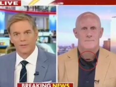 Fox News dá explicação para entrevista de ‘Maskgate’ com almirante que parecia estar usando prótese Uma tela dividida mostrando um âncora de terno à esquerda e um homem careca com uma jaqueta bege à direita.