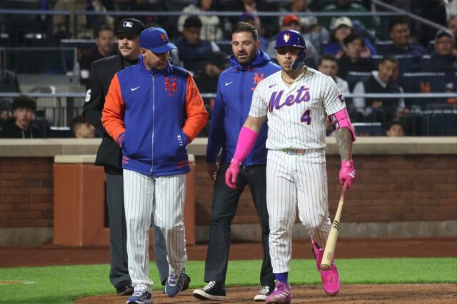 O apanhador do New York Mets, Francisco Alvarez, foi retirado do jogo após se machucar em um golpe.