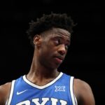 KANSAS CITY, MISSOURI - MARCH 11: AJ Dybantsa #3 of the BYU Cougars in action during the second round game of the Men's 2026 Big 12 Tournament against the West Virginia Mountaineers T-Mobile Center on March 11, 2026 in Kansas City, Missouri. (Photo by Jamie Squire/Getty Images)