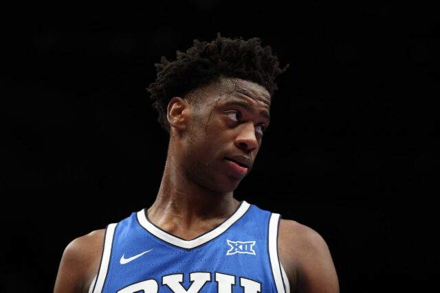 KANSAS CITY, MISSOURI - MARCH 11: AJ Dybantsa #3 of the BYU Cougars in action during the second round game of the Men's 2026 Big 12 Tournament against the West Virginia Mountaineers T-Mobile Center on March 11, 2026 in Kansas City, Missouri. (Photo by Jamie Squire/Getty Images)