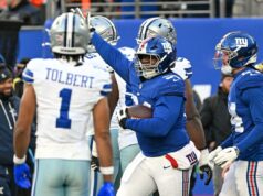 Giants liberam quatro jogadores para reduzir escalação após adições fora de temporada O tackle defensivo do Giants, Elijah Chatman (94), reage durante um jogo de futebol.