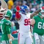 O tackle defensivo do New York Giants, Roy Robertson-Harris (95), reage após um field goal perdido contra o Philadelphia Eagles.