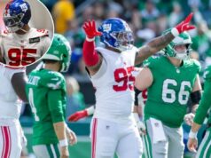 Gigantes perdem Roy Robertson-Harris devido a ruptura de Aquiles em lesão precoce O tackle defensivo do New York Giants, Roy Robertson-Harris (95), reage após um field goal perdido contra o Philadelphia Eagles.