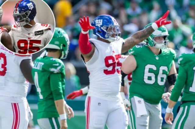 Gigantes perdem Roy Robertson-Harris devido a ruptura de Aquiles em O tackle defensivo do New York Giants, Roy Robertson-Harris (95), reage após um field goal perdido contra o Philadelphia Eagles.