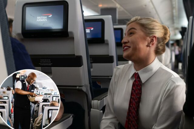 Um comissário de bordo oferece aos passageiros lanches em uma cesta em um avião.