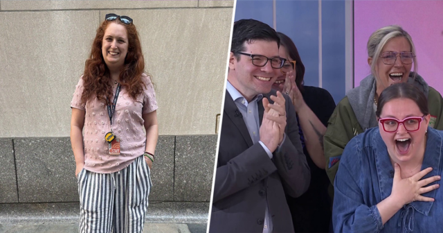 HOJE O funcionário fica emocionado após a reforma no ar Laura conseguiu uma transformação de cabelo loiro morango mais curto.