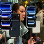 Customers try out iPhone 17 Pro smartphones inside the Apple Store at Sanlitun Taikoo Li on November 8, 2025, in Beijing, China.