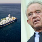 Left: Aerial picture of the cruise ship MV Hondius stationary off the port of Praia, the capital of Cape Verde, on May 3, 2026. Right: Robert F. Kennedy Jr., Secretary of Health and Human Services, delivers remarks during an event with U.S. President Donald Trump on maternal healthcare in the Oval Office of the White House on May 11, 2026 in Washington, DC.