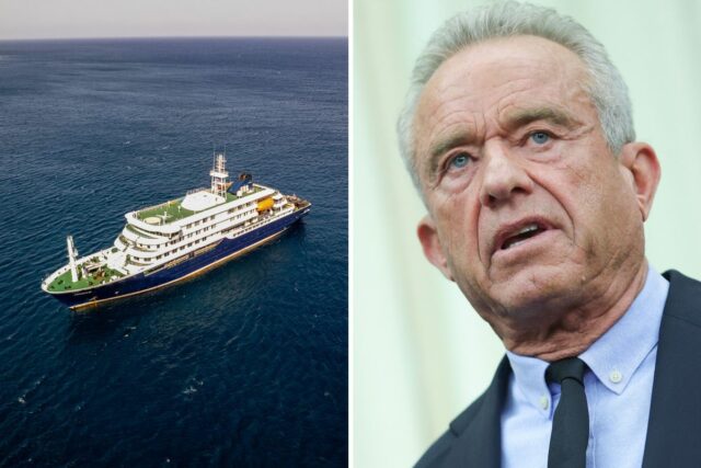 Left: Aerial picture of the cruise ship MV Hondius stationary off the port of Praia, the capital of Cape Verde, on May 3, 2026. Right: Robert F. Kennedy Jr., Secretary of Health and Human Services, delivers remarks during an event with U.S. President Donald Trump on maternal healthcare in the Oval Office of the White House on May 11, 2026 in Washington, DC.