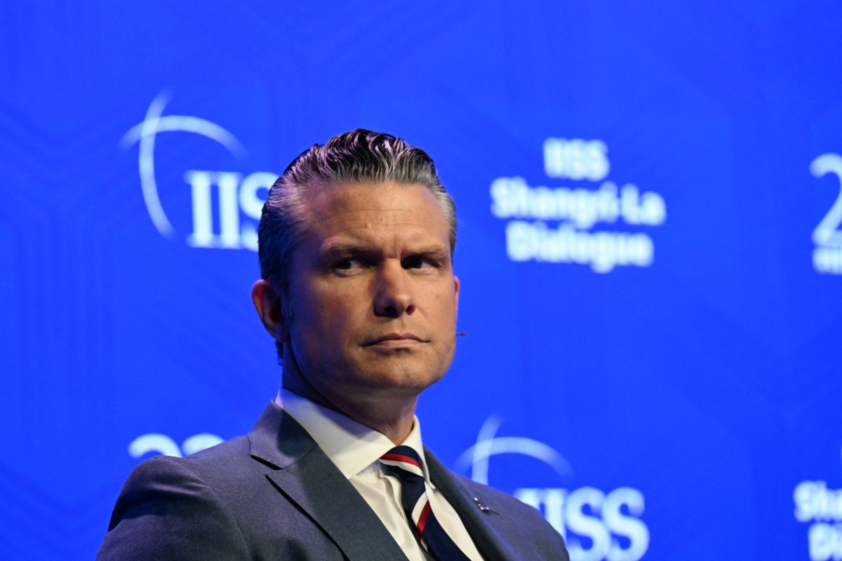 U.S. Secretary of Defense Pete Hegseth delivers an address during the 23rd Shangri-La Dialogue summit in Singapore on May 30, 2026.