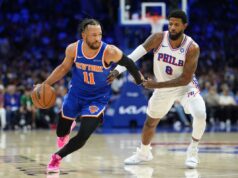 Heróis, zeros da vitória do Knicks no jogo 4 sobre o 76ers: o oprimido Paul George desapareceu novamente O armador do Knicks, Jalen Brunson (11), enfrenta o atacante do 76ers Paul George (8) durante o jogo 4 em 10 de maio de 2026.