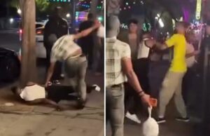 Homem nocauteado em briga brutal no distrito arco-íris de West Hollywood Um grupo de homens brigando em uma calçada no bairro arco-íris de West Hollywood à noite.