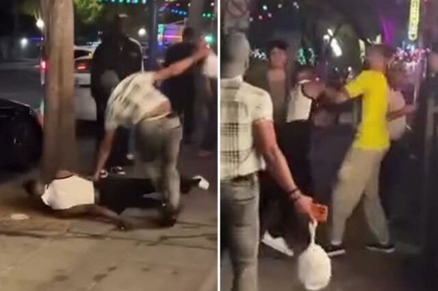 Um grupo de homens brigando em uma calçada no bairro arco-íris de West Hollywood à noite.