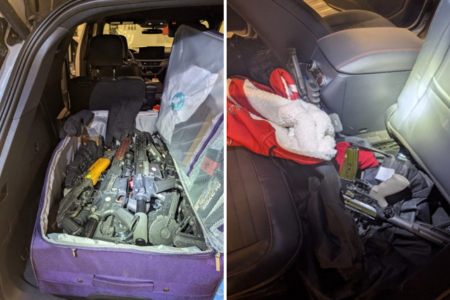 Homens são pegos tentando contrabandear dezenas de armas de fogo Left, a suitcase recovered from a vehicle during a traffic stop in New York was found to contain a large cache of firearms, according to a federal complaint. Right, additional firearms were recovered from the back seat of the vehicle