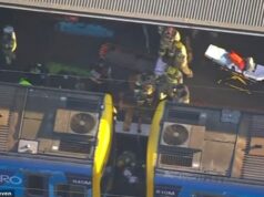 Horror quando um aluno do 7º ano é atropelado por um trem depois que sua mochila fica presa entre dois vagões Um menino está lutando pela vida depois de ser atropelado por um trem e arrastado por vários metros depois que as alças de sua mochila ficaram presas entre os vagões (a cena é mostrada na foto)