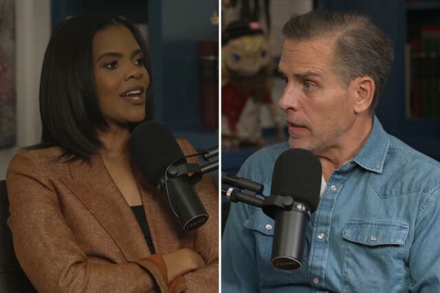 Hunter Biden falando ao microfone durante uma entrevista com Candace Owens.