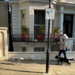 A filmagem mostra o cachorro preto e branco mantendo distância cautelosamente do melhor amigo do homem branco e motorizado durante uma caminhada