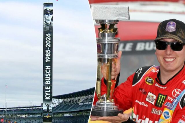 Famoso poste de pontuação IMS com uma foto de Kyle Busch e o texto 