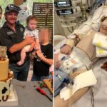 Dustin 'Dusty' Wildman, um menino de 14 meses, em uma cama de hospital com tubos médicos e equipamentos de monitoramento acoplados a ele, junto com um pequeno polvo de tricô.
