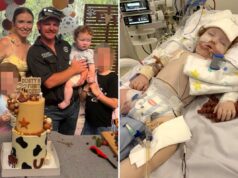 Ingrediente para decoração de bolos lembrado com urgência após temores de que a criança tenha sofrido danos pulmonares para o resto da vida Dustin 'Dusty' Wildman, um menino de 14 meses, em uma cama de hospital com tubos médicos e equipamentos de monitoramento acoplados a ele, junto com um pequeno polvo de tricô.