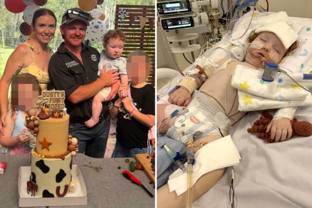 Ingrediente para decoração de bolos lembrado com urgência após temores Dustin 'Dusty' Wildman, um menino de 14 meses, em uma cama de hospital com tubos médicos e equipamentos de monitoramento acoplados a ele, junto com um pequeno polvo de tricô.