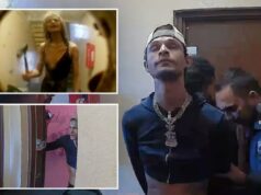 ‘Inquilino do inferno’ travestido e se masturbando é preso após aterrorizar vizinhos em prédio de apartamentos em Nova York Anthony Orozco com um moletom curto e boné de beisebol, cercado por quatro policiais durante sua prisão.