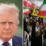 Left: President Donald Trump at Morristown Airport in New Jersey last week. Right: Supporters of Iran's Supreme Leader Ayatollah Mojtaba Khamenei waving flags during a ceremony on Sunday.