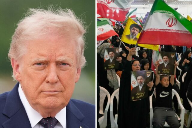 Irã ameaça retaliação e afirma que ataques dos EUA violaram Left: President Donald Trump at Morristown Airport in New Jersey last week. Right: Supporters of Iran's Supreme Leader Ayatollah Mojtaba Khamenei waving flags during a ceremony on Sunday.