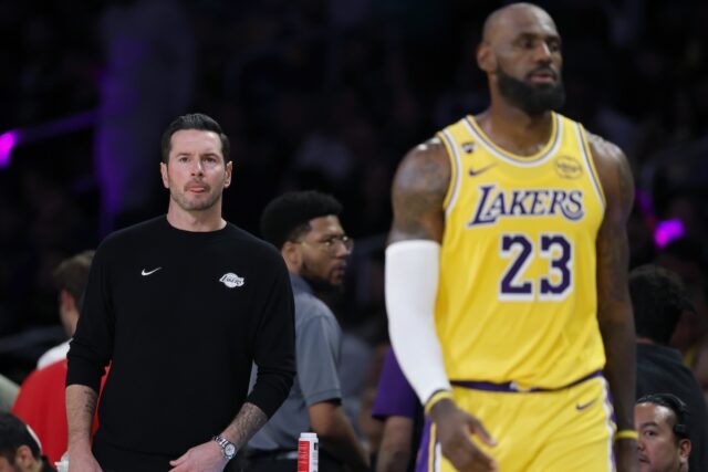 JJ Redick and LeBron James at Lakers game against Charlotte Hornets