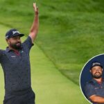 JJ Spaun comemora depois de acertar um longo birdie no buraco 18 em Oakmont para garantir sua vitória no Aberto dos Estados Unidos no ano passado.