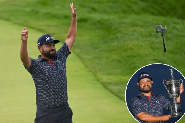 JJ Spaun comemora depois de acertar um longo birdie no buraco 18 em Oakmont para garantir sua vitória no Aberto dos Estados Unidos no ano passado.